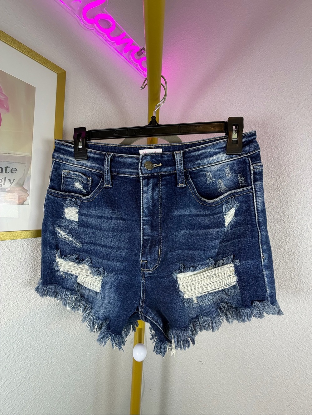 Pink Lily Dark Blue Distressed Denim Jean Shorts - Large - 30” Waist - Stretchy - Picture 2 of 8